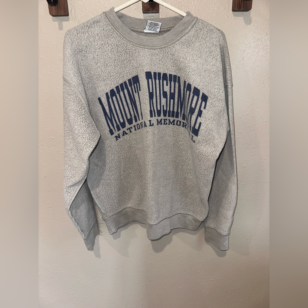 Gray Sherpa Pullover Sweatshirt with Navy Collegiate Print